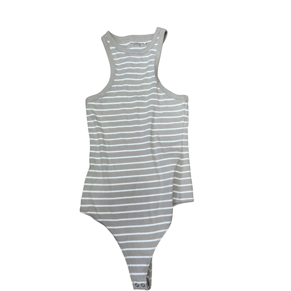Abercrombie & Fitch Tan White Striped Soft A&F Rib High Neck Bodysuit M